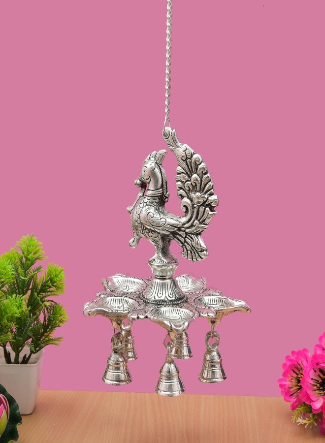 HOUZZPLUS Peacock Diya Lamp with Bells for Pooja Hanging Diya, Samai Hanging Oil Lamp, Panchmukhi Diya Peacock Design (Silver) - Image 2